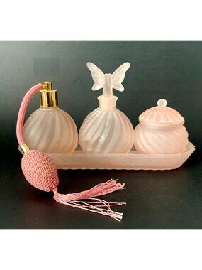 Vintage Frosted Pink Swirl Vanity Set With Tray Perfume Bottles & Powder Jar